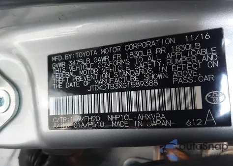 2016 Toyota Prius C One z USA, uszkodzony, nr VIN JTDKDTB3XG1589388